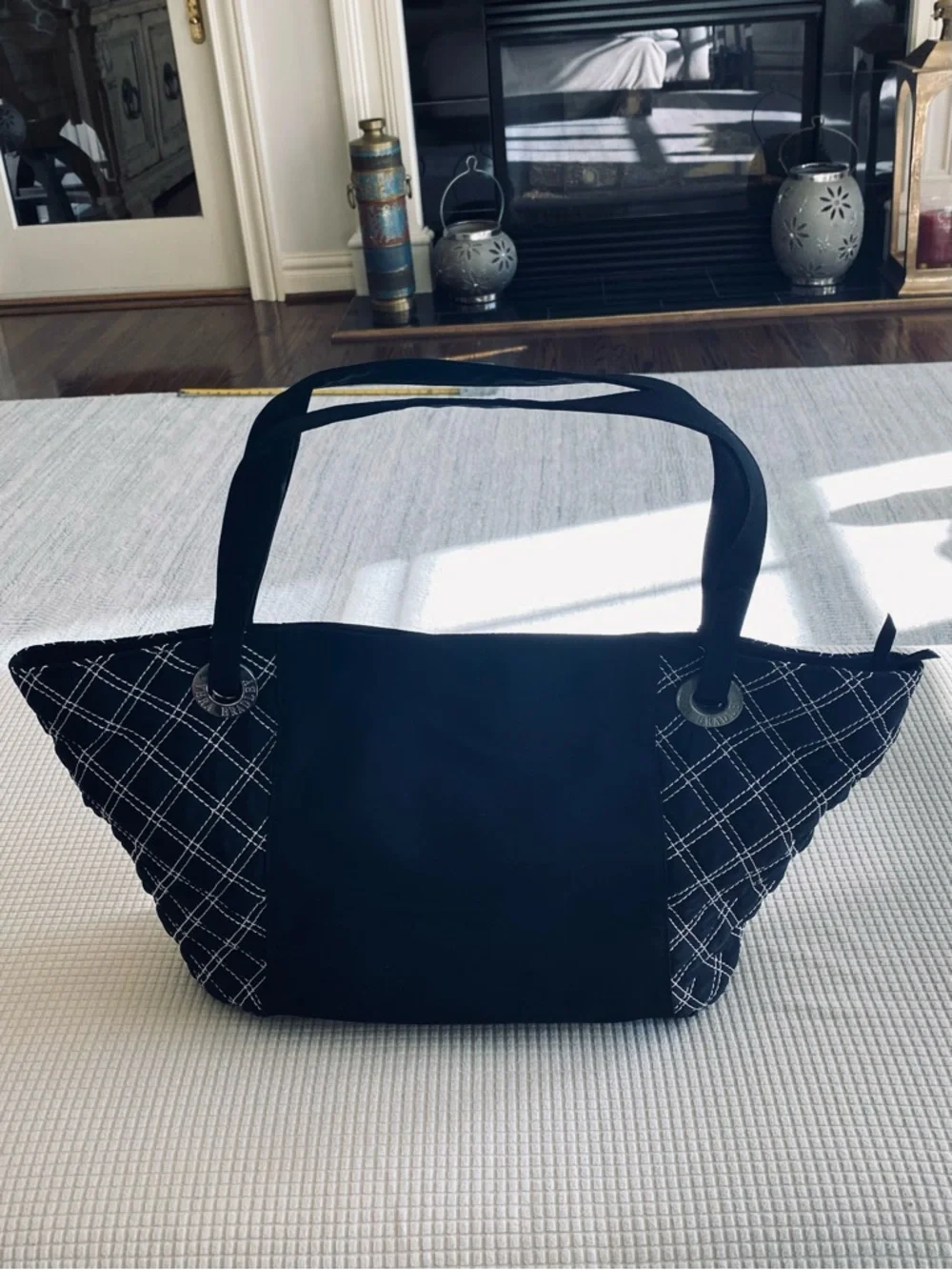 Vera Bradley Black Quilted-Trim Tote with Silver Charm